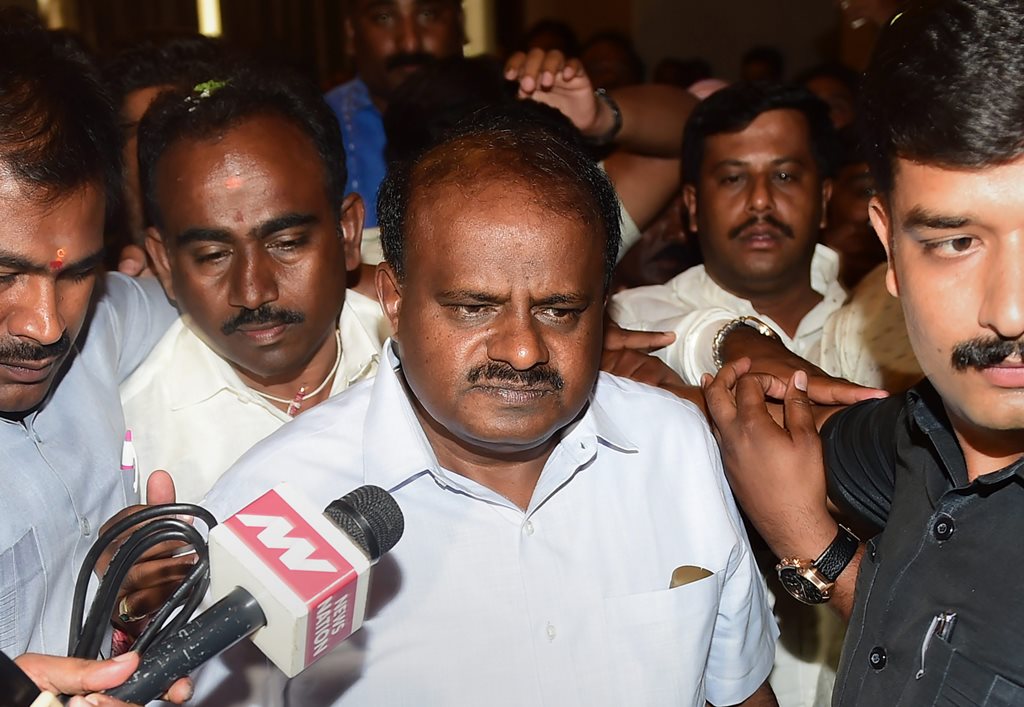 Bengaluru: JD(S) President H D Kumaraswamy speaks to media after the JD(S) legislative party meeting in Bengaluru on Wednesday. Congress has extended the support to JD(S) to form the new Government in Karnataka. (PTI Photo/Shailendra Bhojak) (PTI5_16_2018_000109B)