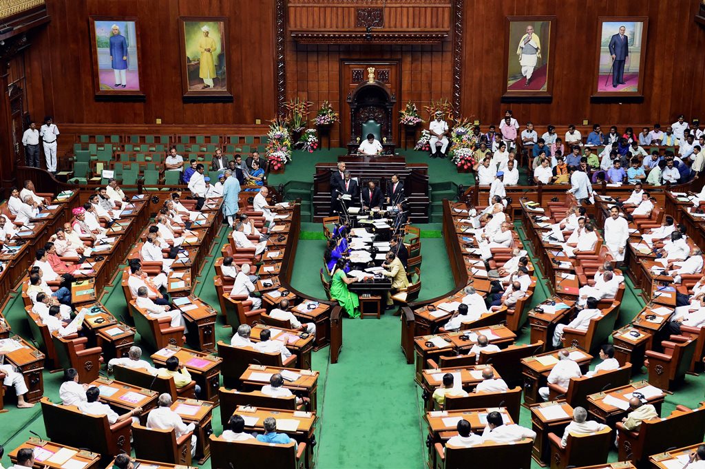 Bengaluru: A view of the Assembly House during the oath taking ceremony of the legislative members at Vidhana Soudha, in Bengaluru, on Saturday. Supreme Court has ordered Karnataka BJP Government to prove their majority in a floor test at the Assembly .(PTI Photo/Shailendra Bhojak) (PTI5_19_2018_000079B)