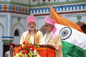 Janakpur: Prime Minister Narendra Modi with Nepal Prime Minister Khadga Prasad Oli, during the inauguration of Janakpur-Ayodhya direct bus service, in Janakpur, Nepal on Friday. (PTI Photo / PIB)(PTI5_11_2018_000063B)
