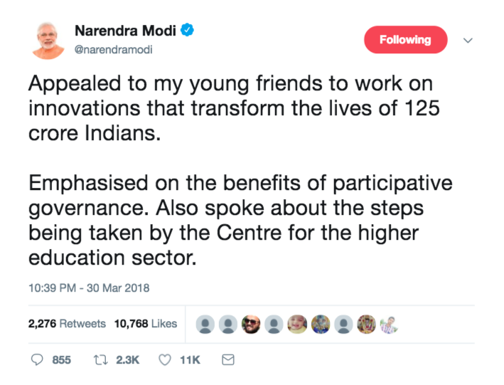 Modi Tweet Apeal to Youth
