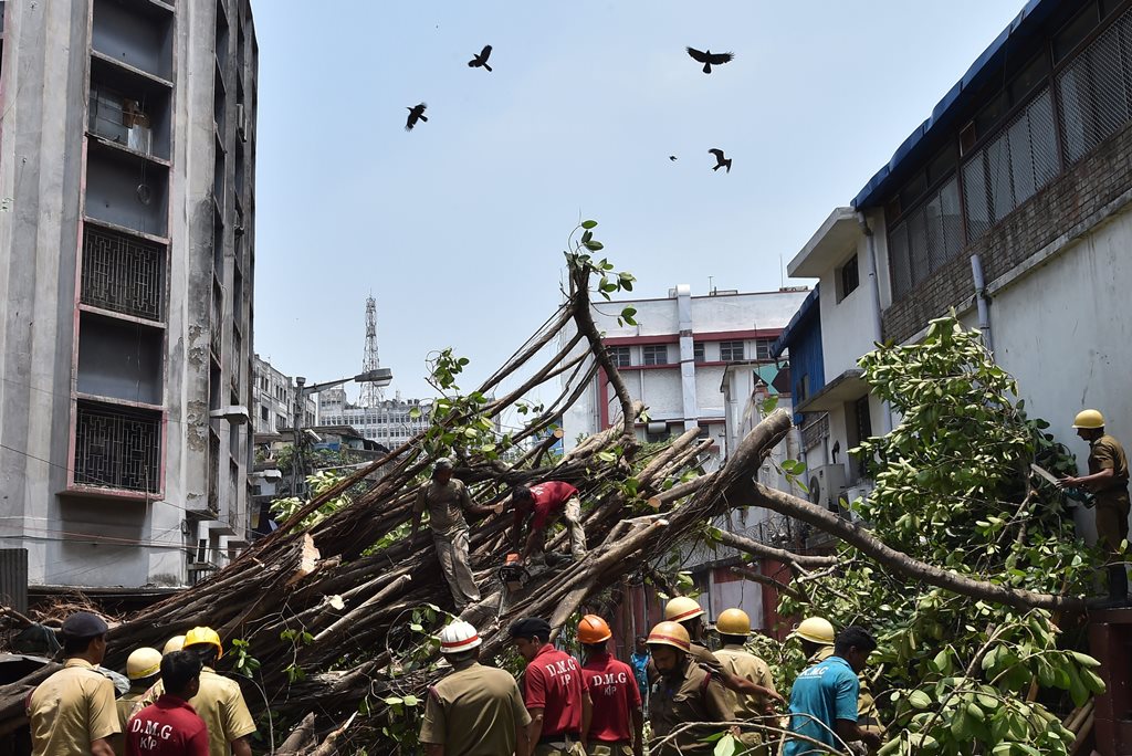 Kolkata: Fire department and Disaster Management Group (DMG) personnel work to clear the street, blocked by a tree which got uprooted in the recent massive storm, behind the Police Headquarters at Lalbazar in Kolkata on Thursday. PTI Photo by Swapan Mahapatra (PTI5_3_2018_000043B)
