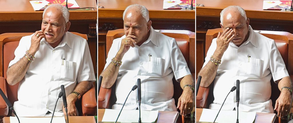 Bengaluru : Combo-- Moods of Karnataka Chief Minister B S Yediyurappa before a floor test at Vidhanasoudha in Bengaluru on Saturday.(PTI Photo/Shailendra Bhojak)(PTI5_19_2018_000153B)