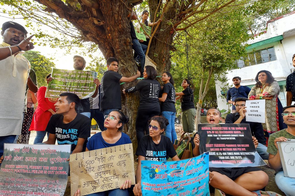 New Delhi: Activists from various environmental organisations display placards and hold a tree during a protest against cutting of trees in Nauroji Nagar area, in New Delhi on Sunday evening, June 24, 2018. (PTI Photo/Kamal Kishore) (PTI6_24_2018_000133B)