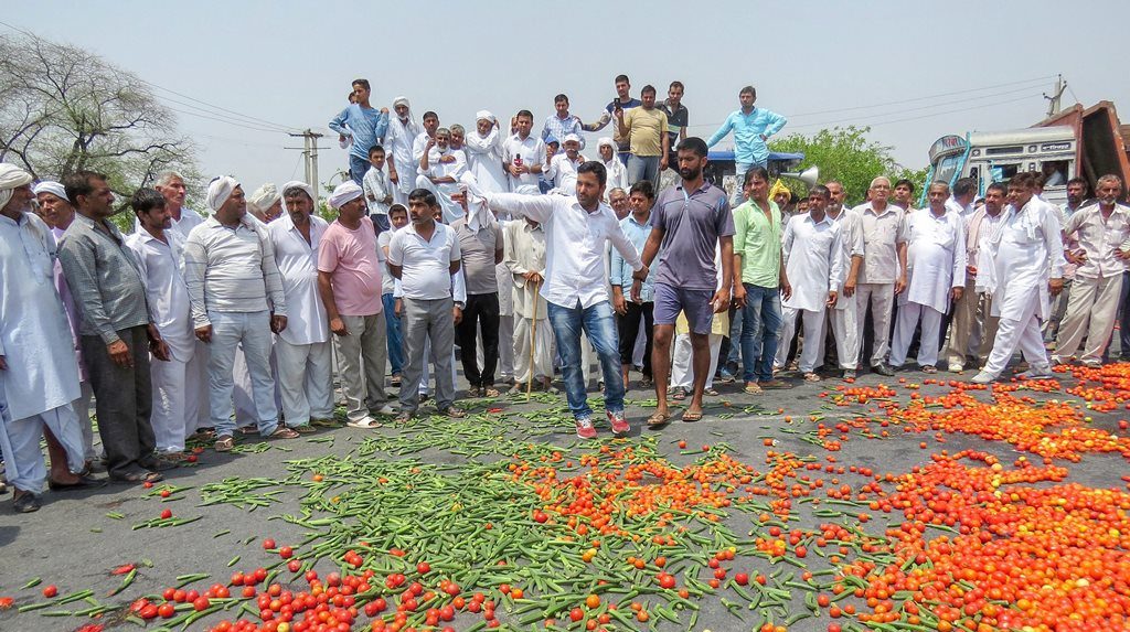 Hisar: Vegetables lie scattered on a road as farmer's protest enters third day, in Hisar, on Sunday, June 03, 2018. (PTI Photo) (PTI6_3_2018_000058B)