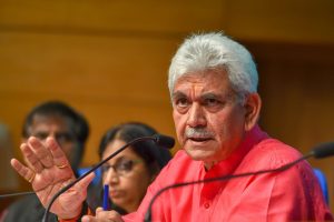 New Delhi: Telecom Minister Manoj Sinha addresses a press conference regarding the achievements of his ministry in the four years of NDA government, in New Delhi on Tuesday, June 12, 2018. (PTI Photo/Shahbaz Khan) (PTI6_12_2018_000053B)