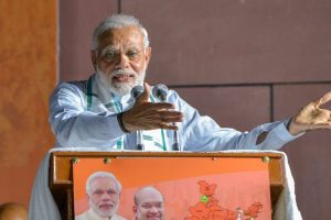 New Delhi: Prime Minister Narendra Modi addresses BJP party workers after Karnataka Assembly election results 2018, in New Delhi, on Tuesday. (PTI Photo) (PTI5_15_2018_000222B)