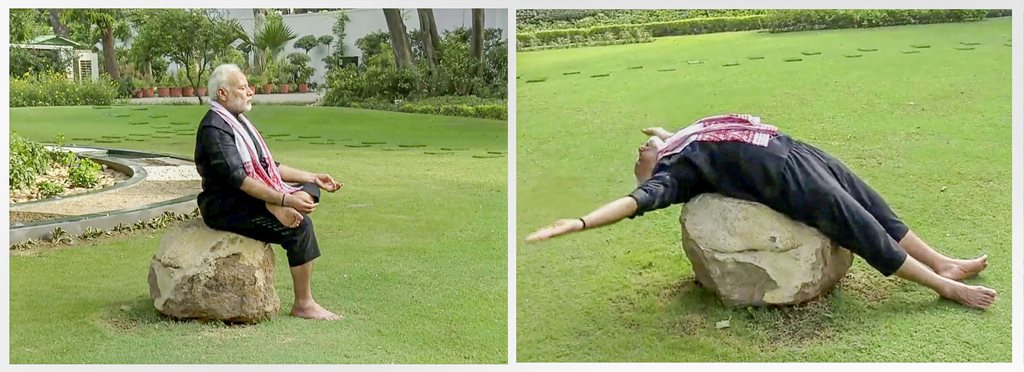New Delhi: **COMBO** A combo picture of the still images taken from a video shows Prime Minister Narendra Modi doing yoga exercises. The world is set to observe the 4th International Day of Yoga on June 21, 2018. (Twitter/@narendramodi via PTI Photo) (PTI6_13_2018_000054B)