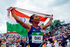 Tampere: Hima Das, of India, celebrates her victory in women's 400 meter race at the 2018 IAAF World U20 Championships in Tampere, Finland, Thursday, July 12, 2018. AP/PTI(AP7_13_2018_000006B)