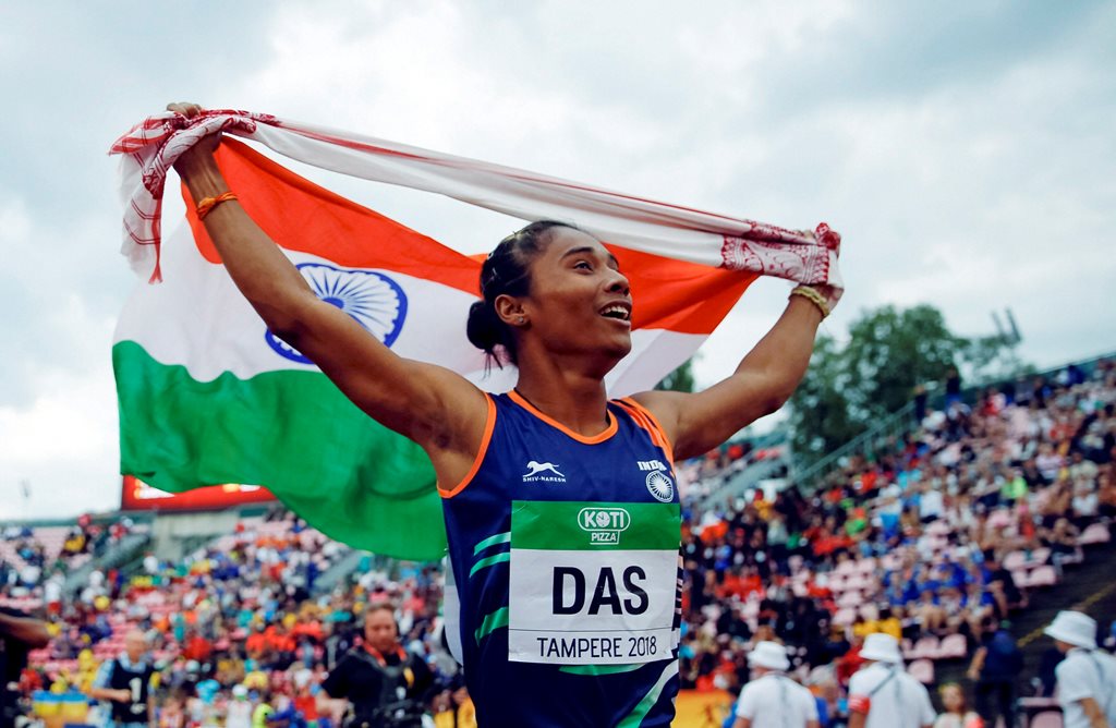 Tampere: Hima Das, of India, celebrates her victory in women's 400 meter race at the 2018 IAAF World U20 Championships in Tampere, Finland, Thursday, July 12, 2018. AP/PTI(AP7_13_2018_000006B)