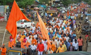 Karad: Protestors from the Maratha community take part in a rally demanding reservation, in Karad, Maharashtra on Tuesday. Maratha outfits have called for a bandh in Maharashtra today, a day after a man demanding reservation for the community jumped to his death in a river in Aurangabad district. (PTI Photo)(PTI7_24_2018_000094B)