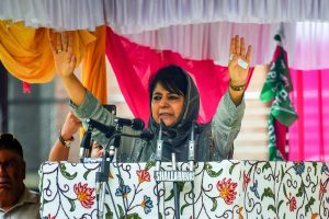 Srinagar: People's Democratic Party (PDP) President Mehbooba Mufti addresses her first public rally after stepping down as Jammu and Kashmir chief minister, at Sher-e-Kashmir Park, in Srinagar on Saturday, July 28, 2018. (PTI Photo/S Irfan) (PTI7_28_2018_000086B)