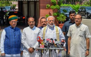 New Delhi: Prime Minister Narendra Modi addresses the media ahead of Parliament's monsoon session, in New Delhi on Wednesday, July 18, 2018. Parliamentary Affairs Minister Ananth Kumar, Union Minister for Development of North Eastern Region (DoNER) Jitendra Singh and Union MoS for Parliamentary Affairs Vijay Goel are also seen. (PTI Photo/ Kamal Singh)(PTI7_18_2018_000019B)