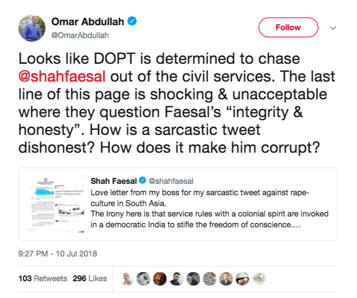 Omar Abdullah Shah Faisal Tweet