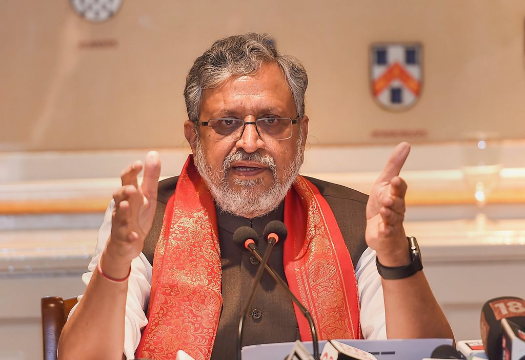 Bengaluru: Chairman of the State Finance Ministers Group and Bihar Deputy Chief Minister Sushil Kumar Modi speaks during a press conference after meeting with the group of ministers constituted to monitor and remove IT challenges faced in implementation of GST, in Bengaluru on Saturday, July 14, 2018. (PTI Photo/Shailendra Bhojak)(PTI7_14_2018_000148B)