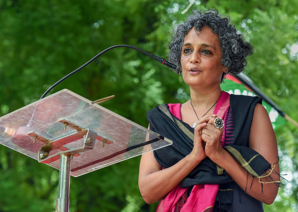 New Delhi: Author and activist Arundhati Roy addresses a protest organised by the activists of Campaign against State Repression on Rights over various issues, at Jantar Mantar in New Delhi on Friday, Aug 3, 2018. (PTI Photo/Atul Yadav) (PTI8_3_2018_000071B)