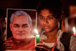 Chennai: Students participate in a candlelight vigil to pay tribute to former prime minister Atal Bihari Vajpayee in Chennai, on Thursday, Aug. 16, 2018. Vajpayee, 93, passed away at AIIMS hospital after a prolonged illness. (PTI Photo) (PTI8_16_2018_000266B)