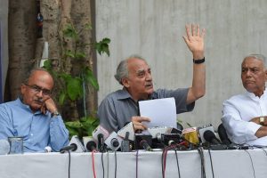 New Delhi: Lawyer Prashant Bhushan with former union ministers Arun Shourie and Yashwant Sinha during a press conference, in New Delhi on Aug 8, 2018. (PTI Photo/Atul Yadav) (PTI8_8_2018_000184B)
