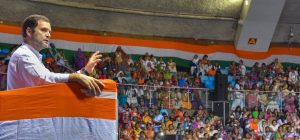 New Delhi: Congress President Rahul Gandhi addresses his supporters during 'Mahila Adhikar Sammelan', in New Delhi on Tuesday, Aug 07, 2018. (PTI Photo/Kamal Kishore) (PTI8_7_2018_000047B)
