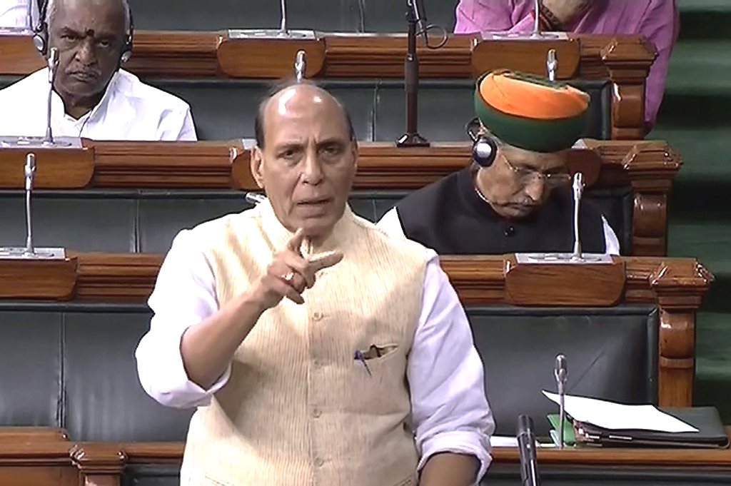 New Delhi: Union Home Minister Rajnath Singh speaks in the Lok Sabha during the Monsoon session of Parliament, in New Delhi on Tuesday, Aug 07, 2018. (LSTV Grab via PTI) (PTI8_7_2018_000065B)