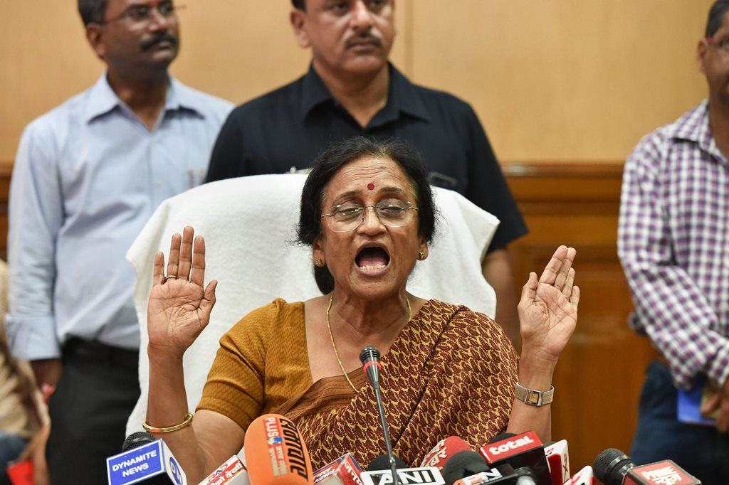 Lucknow: Uttar Pradesh Women and Child Welfare Minister Rita Bahuguna Joshi addresses a press conference after the rescue of 24 children from Deoria shelter home, in Lucknow on Monday, August 06, 2018.(PTI Photo/ Nand Kumar)(PTI8_6_2018_000107B)