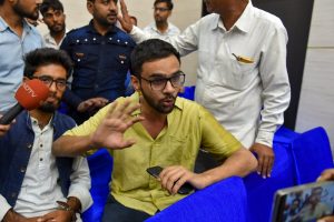 New Delhi: Jawaharlal Nehru University (JNU) student Umar Khalid speaks to the media moments after he was shot at, during an event at the Constitution Club in New Delhi on Monday, Aug 13, 2018. Khalid escaped unhurt. (PTI Photo/Shahbaz Khan) (PTI8_13_2018_000097B)