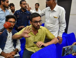 New Delhi: Jawaharlal Nehru University (JNU) student Umar Khalid speaks to the media moments after he was shot at, during an event at the Constitution Club in New Delhi on Monday, Aug 13, 2018. Khalid escaped unhurt. (PTI Photo/Shahbaz Khan) (PTI8_13_2018_000097B)