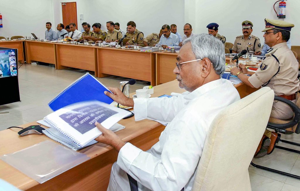 Patna: Bihar Chief Minister Nitish Kumar attends high level meeting of law and order, in Patna, Wednesday, Sept 12, 2018. (PTI Photo) (PTI9_12_2018_000171B)