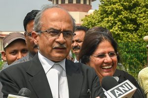 New Delhi: Supreme Court lawyer Prashant Bhushan addresses the media, at Supreme Court premises in New Delhi, Thursday, Sept 6, 2018. The Supreme Court on Thursday extended till September 12, the house arrest of five rights activists in connection with the violence in Koregaon-Bhima in the west central state of Maharashtra. (PTI Photo/Kamal Kishore) (PTI9_6_2018_000097B)