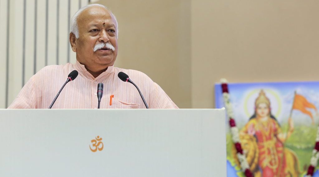 New Delhi: RSS chief Mohan Bhagwat speaks on the 2nd day at the event titled 'Future of Bharat: An RSS perspective', in New Delhi, Tuesday, Sept 18, 2018. (PTI Photo) (PTI9_18_2018_000191B)