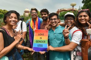 New Delhi: People react after the Supreme Court verdict which decriminalises consensual gay sex, outside the Supreme Court in New Delhi, Thursday, Sept 6, 2018. A five-judge constitution bench of the Supreme Court today, unanimously decriminalised part of the 158-year-old colonial law under Section 377 of the IPC which criminalises consensual unnatural sex, saying it violated the rights to equality. (PTI Photo/Kamal Kishore) (PTI9_6_2018_000101B)