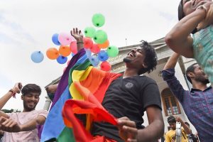 EDS PLS TAKE NOTE OF THIS PTI PICK OF THE DAY:::::::::Bengaluru: LGBT community supporters celebrate after the Supreme Court verdict which decriminalises consensual gay sex, in Bengaluru, Thursday, Sept 6, 2018. A five-judge constitution bench of the Supreme Court today, unanimously decriminalised part of the 158-year-old colonial law under Section 377 of the IPC which criminalises consensual unnatural sex, saying it violated the rights to equality. (PTI Photo/Shailendra Bhojak)(PTI9_6_2018_000187A)(PTI9_6_2018_000244B)