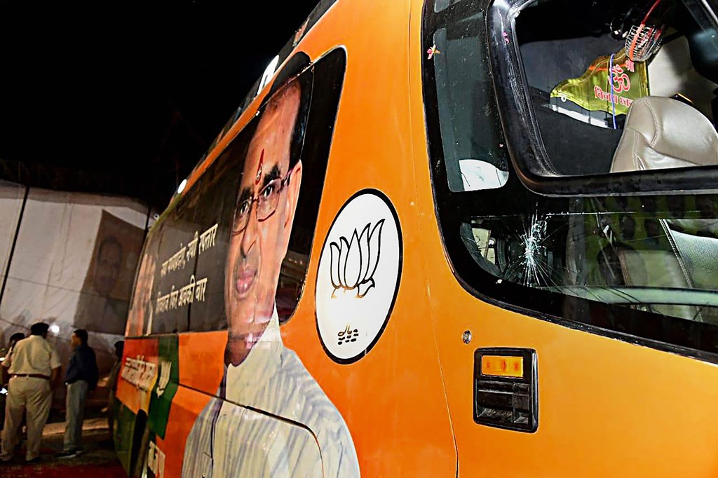 Sidhi: A view of the damaged bus of Madhya Pradesh Chief Minister Shivraj Singh Chouhan after he was attacked on board during his 'Jan Ashirwad Yatra', in Sidhi on Sunday, Sept 2, 2018. (PTI Photo) (PTI9_3_2018_000075B)