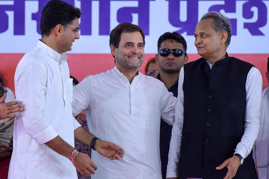 Jaipur: Congress President Rahul Gandhi with AICC General Secretary Ashok Gehlot and RPCC President Sachin Pilot during a party meeting at Ramlila Maidan in Jaipur on Saturday, Aug 11, 2018. (PTI Photo) (PTI8_11_2018_000209B)