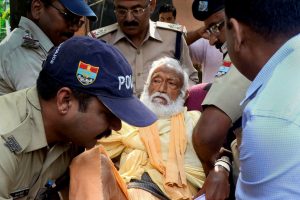 Haridwar: In this photo dated Oct 10, 2018, is seen environmentalist G D Agarwal, who was on fast unto death since June 22 for a clean River Ganga, being forcibly taken to the hospital after his health detriorated in Haridwar. Agarwal passed away on Thursday, Oct 11, 2018 at AIIMS Rishikesh following a heart attack. (PTI Photo) (PTI10_11_2018_000109B)