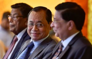 New Delhi: Outgoing Chief Justice of India Justice Dipak Misra (R), CJI-designate Justice Ranjan Gogoi and Attorney General of India K. K. Venugopal during the former's farewell function on the Supreme Court lawns in New Delhi, Monday, Oct 1, 2018. (PTI Photo/Ravi Choudhary) (PTI10_1_2018_000181B)