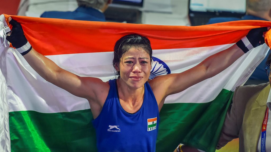 New Delhi: Indian boxer Mary Kom (in Blue) gets emotional as she celebrates after winning the final match of women's light flyweight 45-48 kg against Ukraine's Hanna Okhota at AIBA Women's World Boxing Championships, in New Delhi, Saturday, Nov. 24, 2018. (PTI Photo/Ravi Choudhary) (PTI11_24_2018_000052)