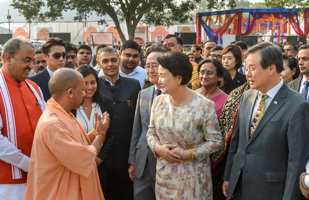 Ayodhya: Uttar Pradesh Chief Minister Yogi Adityanath and South Korean first lady Kim Jung-sook on their arrival at the Queen Huh Park in Ayodhya, Tuesday. Nov 6, 2018. (PTI Photo/Nand Kumar) (PTI11_6_2018_000097B)