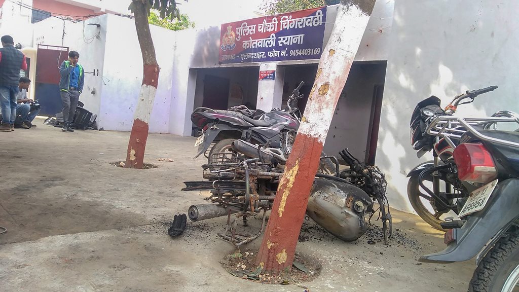 Bulandshahr: The police chowki which was attacked by the mob in Monday's violent protests over the alleged illegal slaughter of cattle, in Bulandshahr, Tuesday, Dec. 4, 2018. The violence left a police inspector Subodh Kumar Singh dead. (PTI Photo) (PTI12_4_2018_000046B)