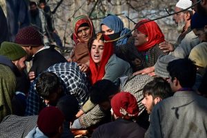 Pulwama: Villagers wail while attending the funeral of civilians and militants who were killed in the encounter between security forces and militants, in Pulwama, south Kashmir, Saturday, Dec 15, 2018. 7 civilians, 3 militants and an army soliders have been killed in the encounter. (PTI Photo/S. Irfan) (PTI12_15_2018_000106B)