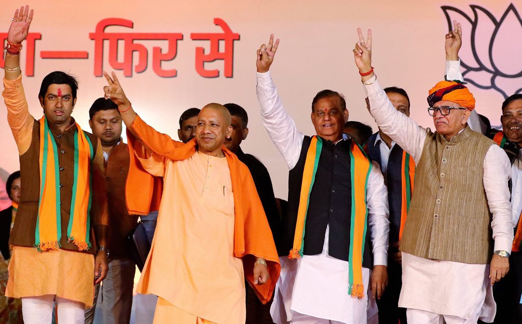 Jaipur: Uttar Pradesh Chief Minister Yogi Adityanath with BJP senior leaders and party's candidates at an election compaign meeting for the Rajasthan state assembly polls, at Jamdoli in Jaipur on Saturday, Dec 01,2018. (PTI Photo)(PTI12_1_2018_000154B)