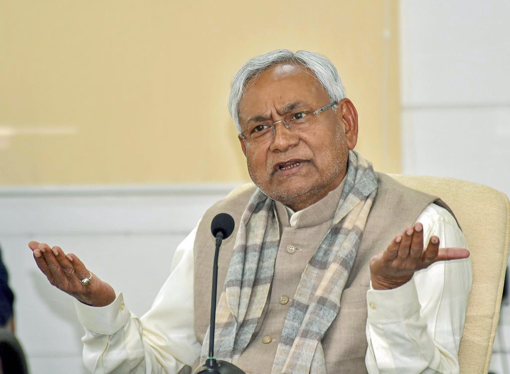Patna: Bihar Chief Minister Nitish Kumar speaks to the media during Lok Samvad programme, in Patna, Monday, Jan. 7, 2019. (PTI Photo) (PTI1_7_2019_000059B)