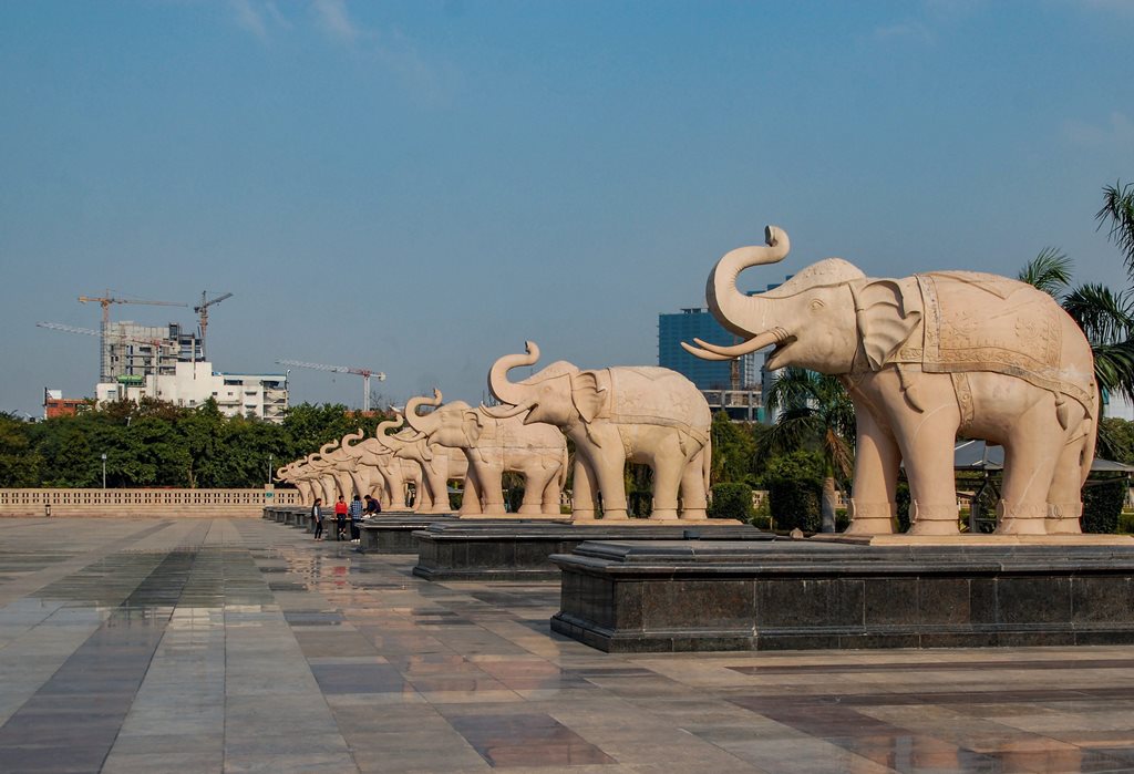 Noida: A view of statues of elephants, BSP party's symbol, at Dalit Prerna Sthal, in Noida, Friday, Feb 8, 2019. The Supreme Court said it was of the tentative view that BSP chief Mayawati has to deposit public money used for erecting statues of herself and elephants, the party's symbol, at parks in Lucknow and Noida to the state exchequer. (PTI Photo) (PTI2_8_2019_000180B)