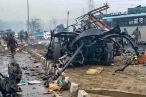 Awantipora: A scene of the spot after militants attacked a CRPF convoy in Goripora area of Awantipora town in Pulwama district, Thursday, Feb 14, 2019. At least 18 CRPF jawans were reportedly killed in the attack. (PTI Photo) (PTI2_14_2019_000088B)