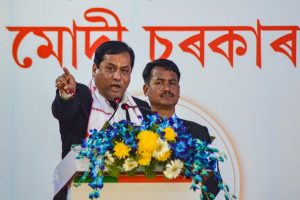 Dibrugarh: Assam Chief Minister Sarbananda Sonowal addresses his party workers during a meeting, at Chowkidinghee field in Dibrugarh, Thursday, Feb. 21, 2019. (PTI Photo)(PTI2_21_2019_000147B)
