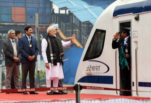 New Delhi: Prime Minister Narendra Modi flags off Vande Bharat Express, India's first semi-high speed train, at New Delhi Railway Station, Friday, Feb.15, 2019. The train will run between Delhi-Varanasi. (PIB Photo via PTI) (PTI2_15_2019_000042B)