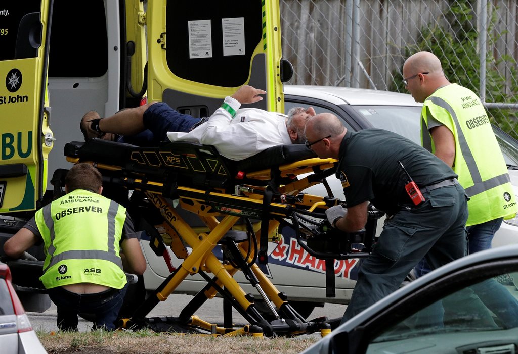 Christchurch: Ambulance staff take a man from outside a mosque in central Christchurch, New Zealand, Friday, March 15, 2019. A witness says many people have been killed in a mass shooting at a mosque in the New Zealand city of Christchurch. AP/PTI(AP3_15_2019_000002B)