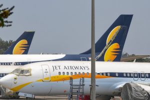 Mumbai: A view of Jet Airways planes parked at the Mumbai airport, Monday, April 15, 2019. The airline is operating just 6-7 planes, with almost its entire fleet being grounded due to non-payment of rentals to lessors amid severe paucity of cash. (PTI Photo/Shirish Shete)(PTI4_15_2019_000046B)