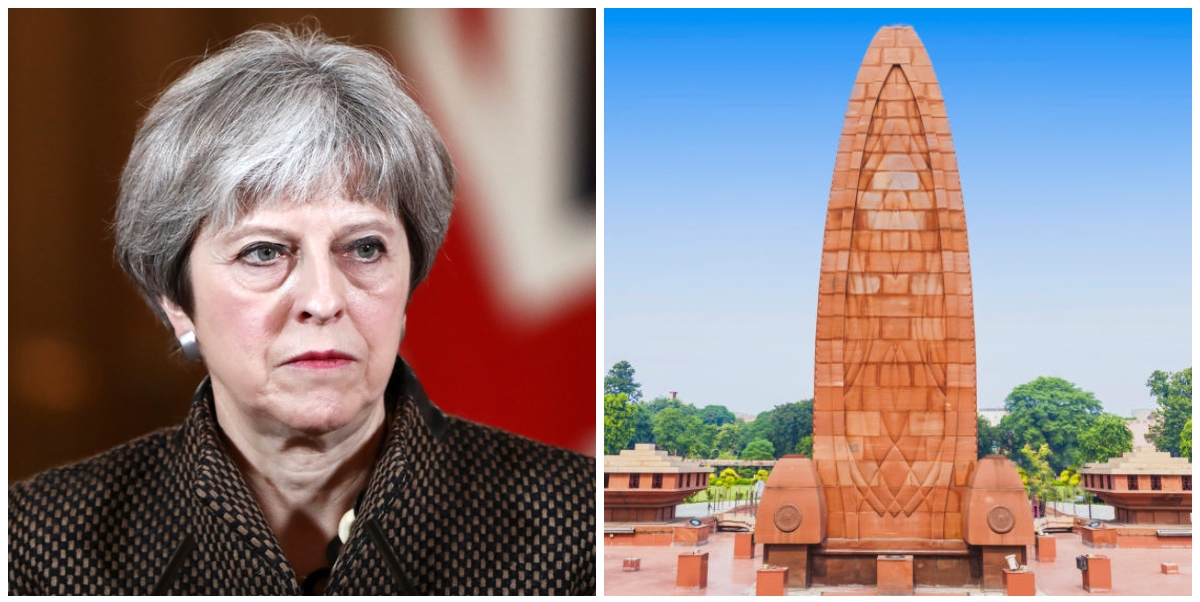 ब्रिटेन की प्रधानमंत्री टेरेसा मे और जलियावाला बाग हत्याकांड की याद में बनाया गया स्मारक. (फोटो: रॉयटर्स/विकिपीडिया)