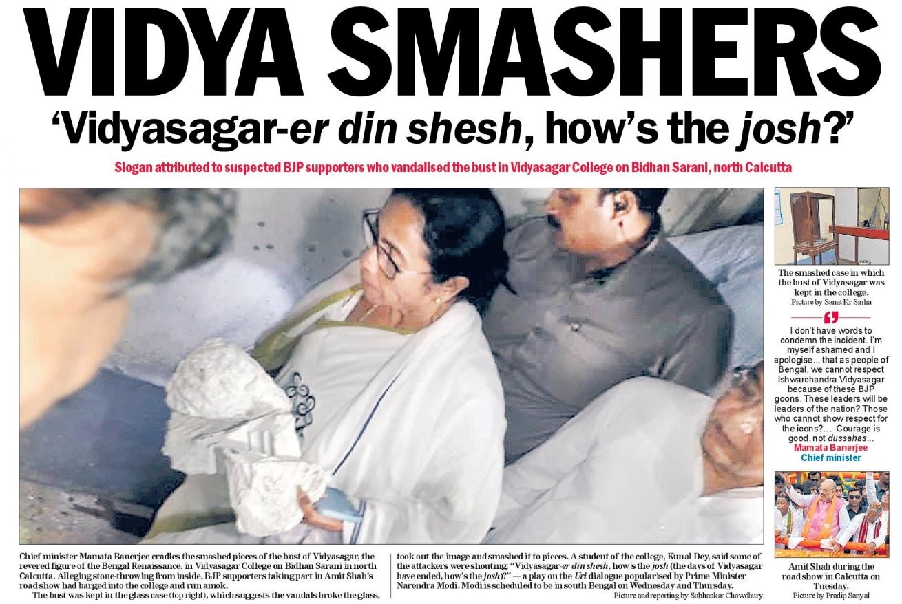 अमित शाह की कोलकाता रैली के दौरान हुई हिंसा की द टेलीग्राफ में प्रकाशित ख़बर.