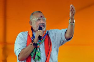 Deoghar: Union Minister and BJP senior leader Giriraj Singh speaks during a campaign for party's candidate from Godda constituency, Nishikant Dubey, during an election rally ahead of the last phase of the Lok Sabha polls, in Deoghar district, Monday, May 13, 2019. (PTI Photo)(PTI5_13_2019_000101B)
